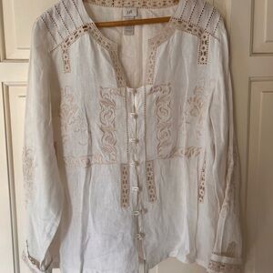 J. Jill Cream Linen Blouse with Embroidery